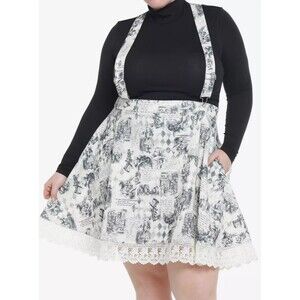 Plus Size Alice Print Suspender Skirt with Lace Hem - White/Black